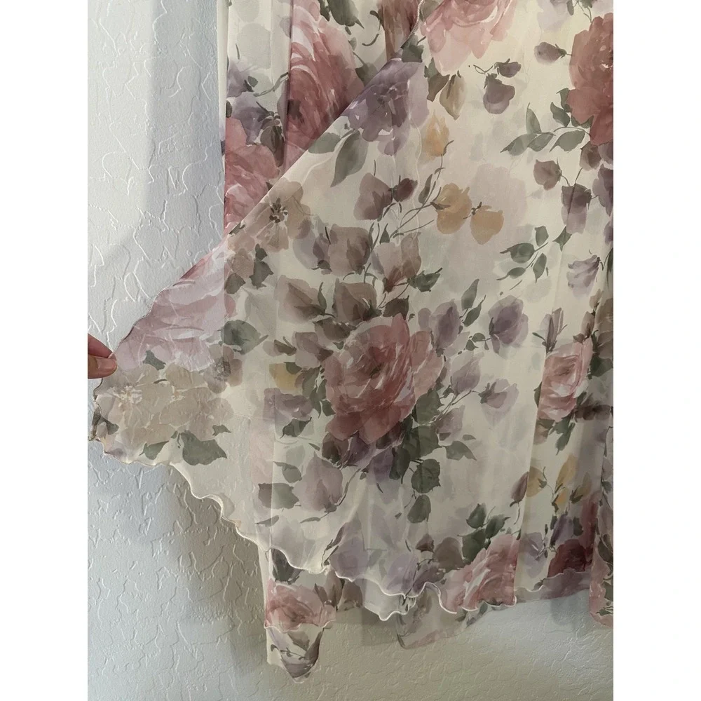VTG Womans Floral Duster Cardigan‎ Size 18 Cottage Rosette Garden Scalloped Trim